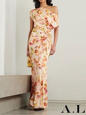 A.L.C. One-Shoulder Ruched Maxi Dress in Blush Floral Print